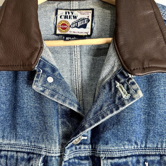 Vintage Ivy Crew Unisex Denim Jacket Size L Brown Leather Collar 90s Y2K Jean - Picture 4 of 10